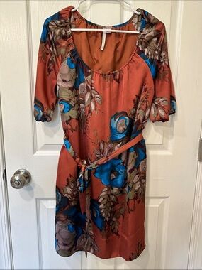 Floral Belted Rust and Blue Women's Dress